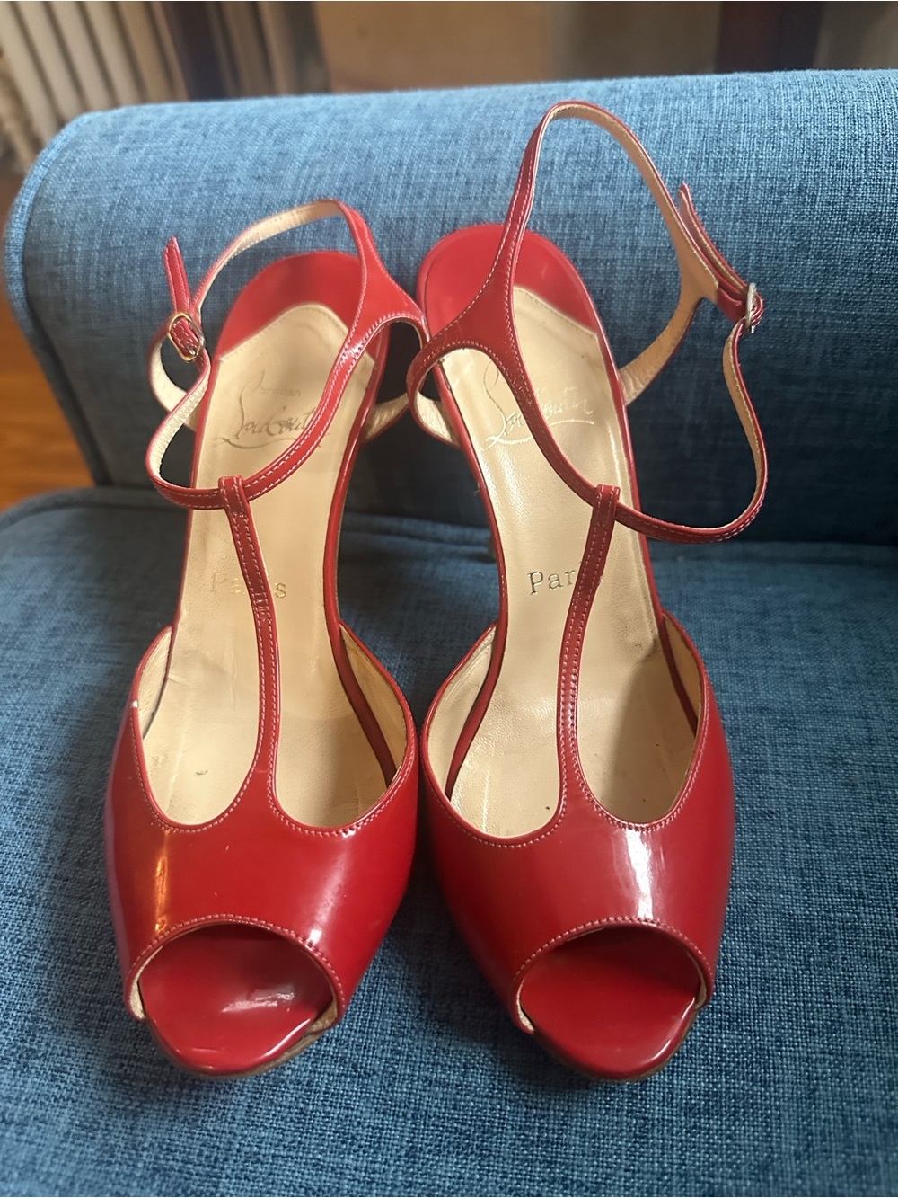 Christian Louboutin Raspberry Patent Peep-Toe T-Strap Heels